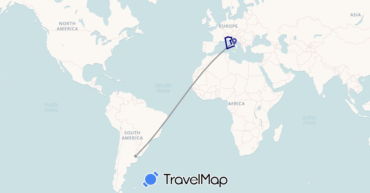TravelMap itinerary: driving, plane in Argentina, Italy (Europe, South America)
